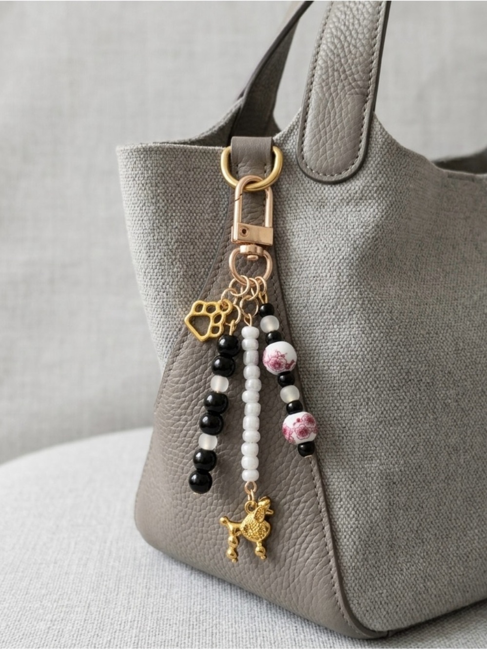 Poodle Handmade Beaded Bag Charm Keychain with Pink Floral Detail - Picture 3 of 5